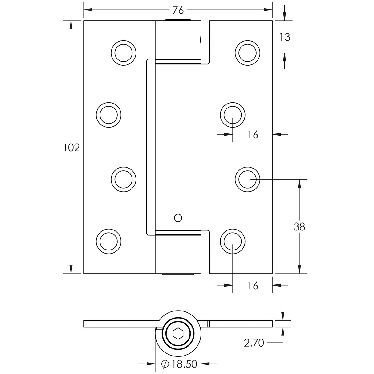 Technical drawing of of Frelan - Jedo Steel Single Action Spring Hinges 102x76x2.7mm (PK of 3) Polished Chrome Sku. J9800PC
