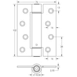 Technical drawing of of Frelan - Jedo Steel Single Action Spring Hinges 102x76x2.7mm (PK of 3) Polished Chrome Sku. J9800PC