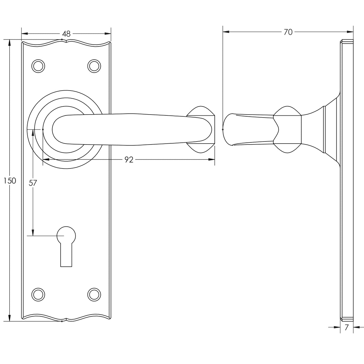 Technical drawing of of Frelan - Regal Suite Door Handle on Bathroom Plate Black Sku. JAB1B