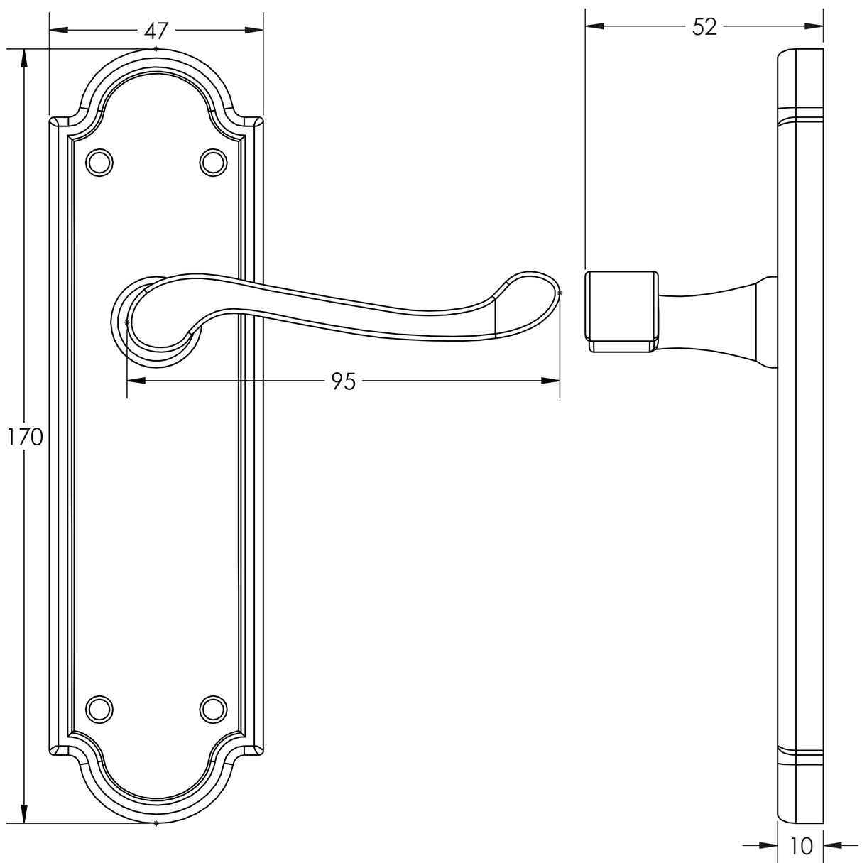 Technical drawing of of Frelan - Turnberry Suite Door Handle on Latchplate Black Sku. JAB301