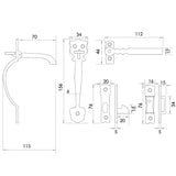 Technical drawing of of Frelan - Antique Gate Catches 156mm Black Sku. JAB30