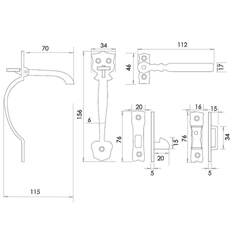 Technical drawing of of Frelan - Antique Gate Catches 156mm Black Sku. JAB30