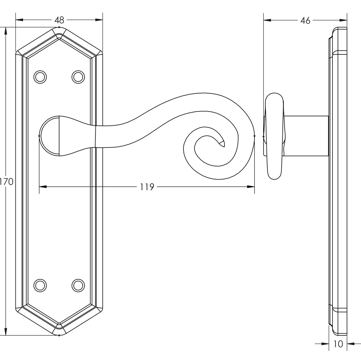 Technical drawing of of Frelan - Royal Suite Door Handle on Latchplate Black Sku. JAB401