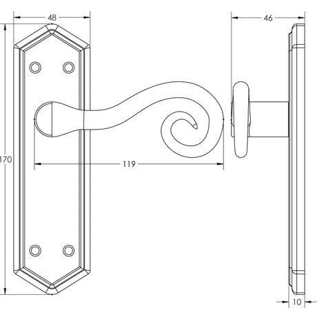 Technical drawing of of Frelan - Royal Suite Door Handle on Latchplate Black Sku. JAB401