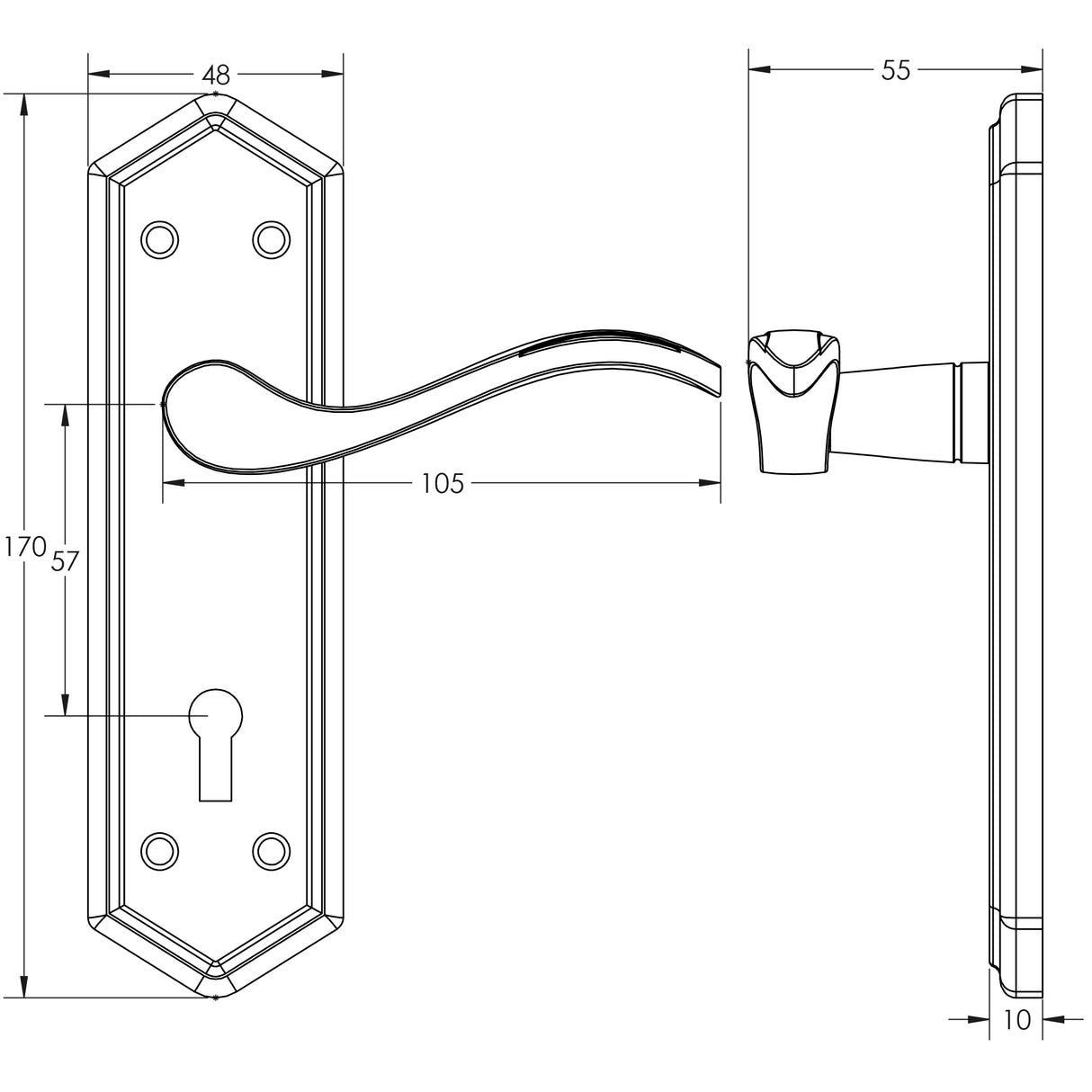 Technical drawing of of Frelan - Wentworth Suite Door Handle on Lockplate Black Sku. JAB500