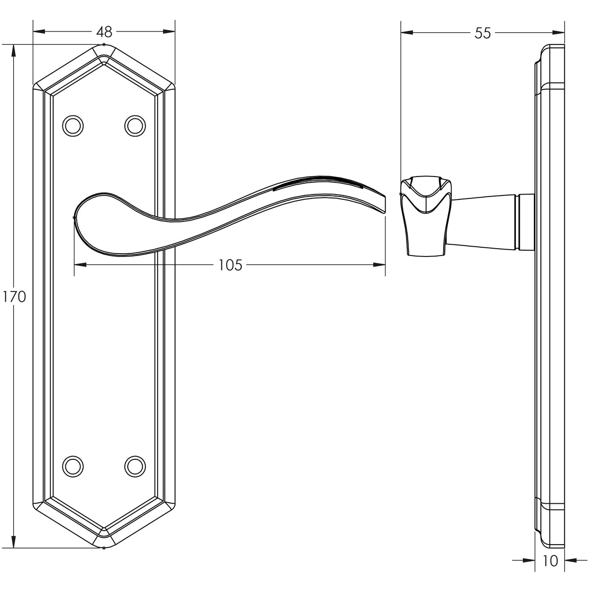 Technical drawing of of Frelan - Wentworth Suite Door Handle on Latchplate Black Sku. JAB501