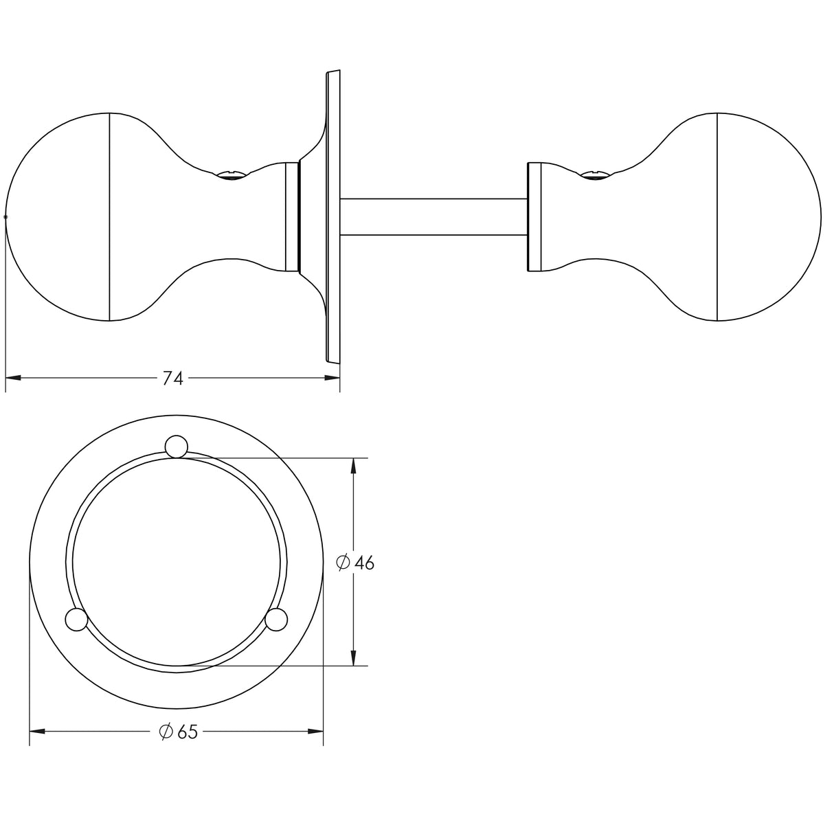 Technical drawing of of Frelan - Antique Ball Rim Knobs 46mm dia Black Sku. JAB5R