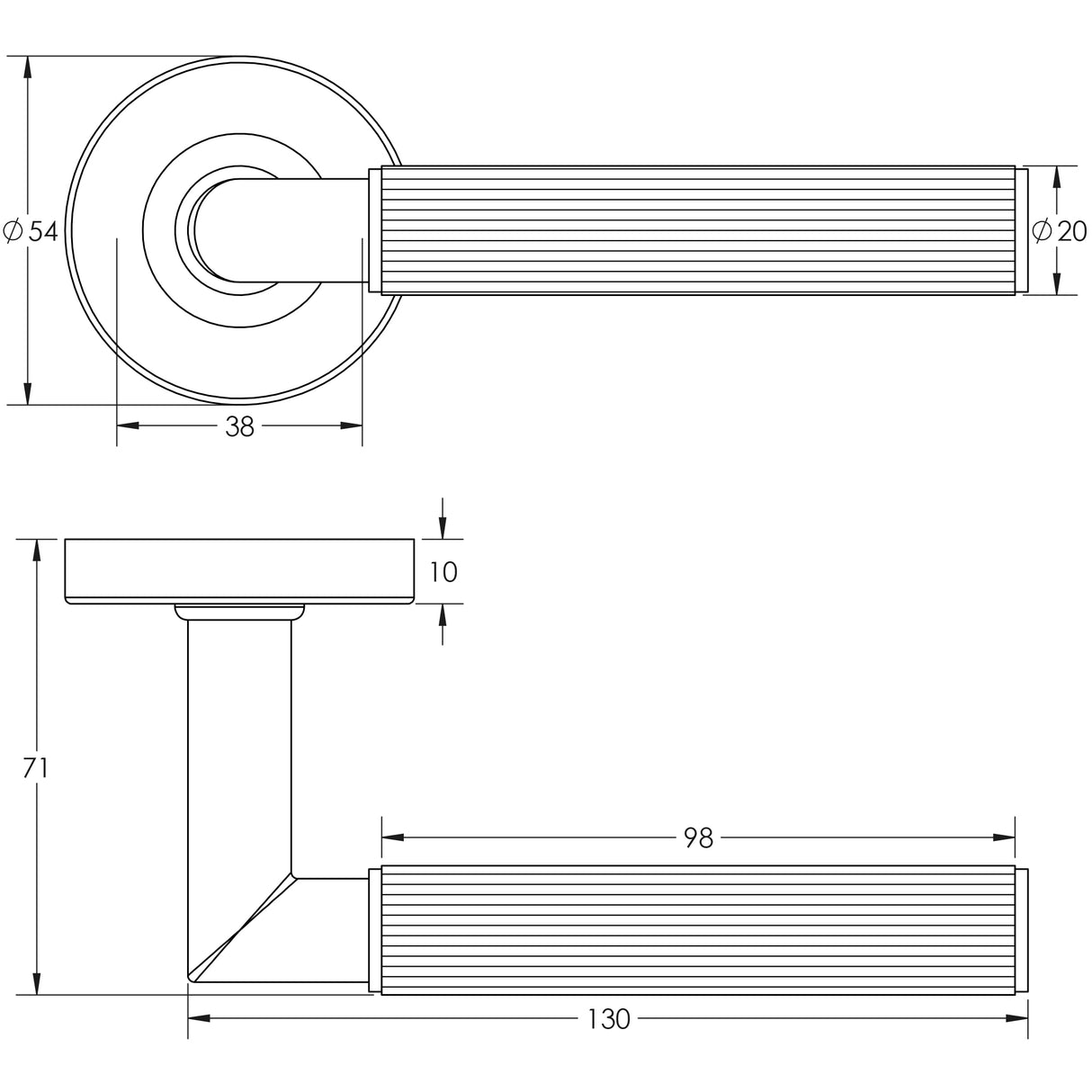 Technical drawing of of Frelan - Three One Six Linear Knurled Door Handle Gun Metal Sku. JGM402