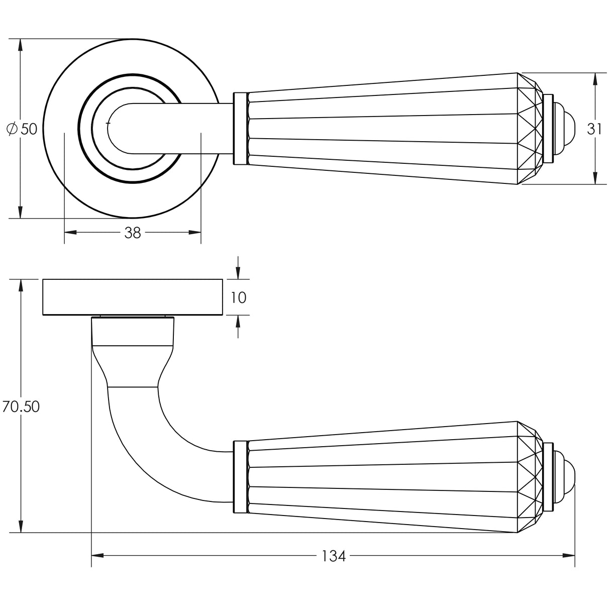 Technical drawing of of Frelan - Fluted Door Handle on Rose Glass/Polished Chrome Sku. JH5312PC