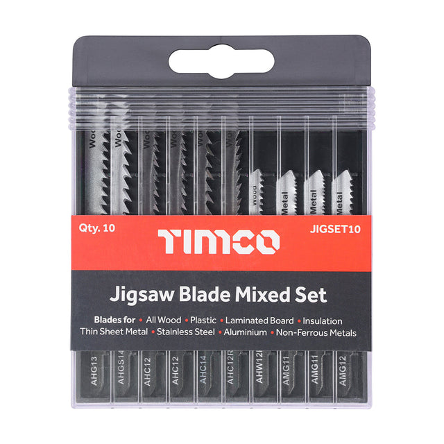 This is an image of Timco - Mixed Jigsaw Set - Wood & Metal Cutting - High Carbon Steel & HSS Blades Mixed (10 Pieces Case) JIGSET10