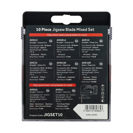 This is an image of Timco - Mixed Jigsaw Set - Wood & Metal Cutting - High Carbon Steel & HSS Blades Mixed (10 Pieces Case) JIGSET10