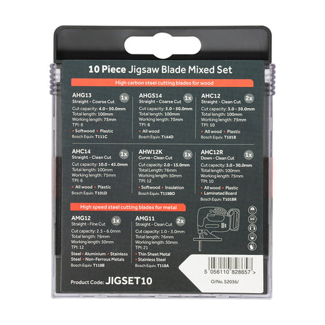 This is an image of Timco - Mixed Jigsaw Set - Wood & Metal Cutting - High Carbon Steel & HSS Blades Mixed (10 Pieces Case) JIGSET10