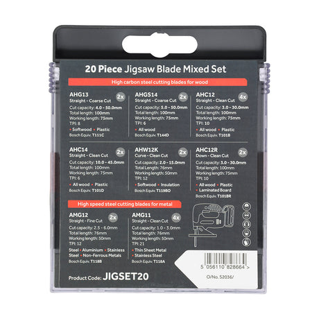This is an image of Timco - Mixed Jigsaw Set - Wood & Metal Cutting - High Carbon Steel & HSS Blades Mixed (20 Pieces Case) JIGSET20