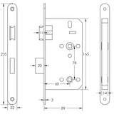 Technical drawing of of Frelan - Jedo 78mm Din Bathroom Locks 60mm Backset Radiused Satin Stainless Steel Sku. JL-DB60RSSS