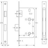 Technical drawing of of Frelan - Jedo 78mm Din Bathroom Locks 60mm Backset Dark Bronze Sku. JL-DB60DB