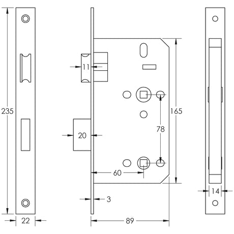Technical drawing of of Frelan - Jedo 78mm Din Bathroom Locks 60mm Backset Black Sku. JL-DB60MB