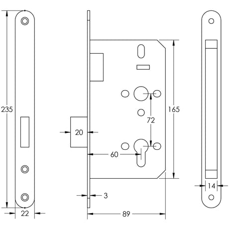 Technical drawing of of Frelan - 72mm Satin Stainless Steel Din Euro Deadlock Radiused 60mm Backset Sku. JL-DD60RSSS