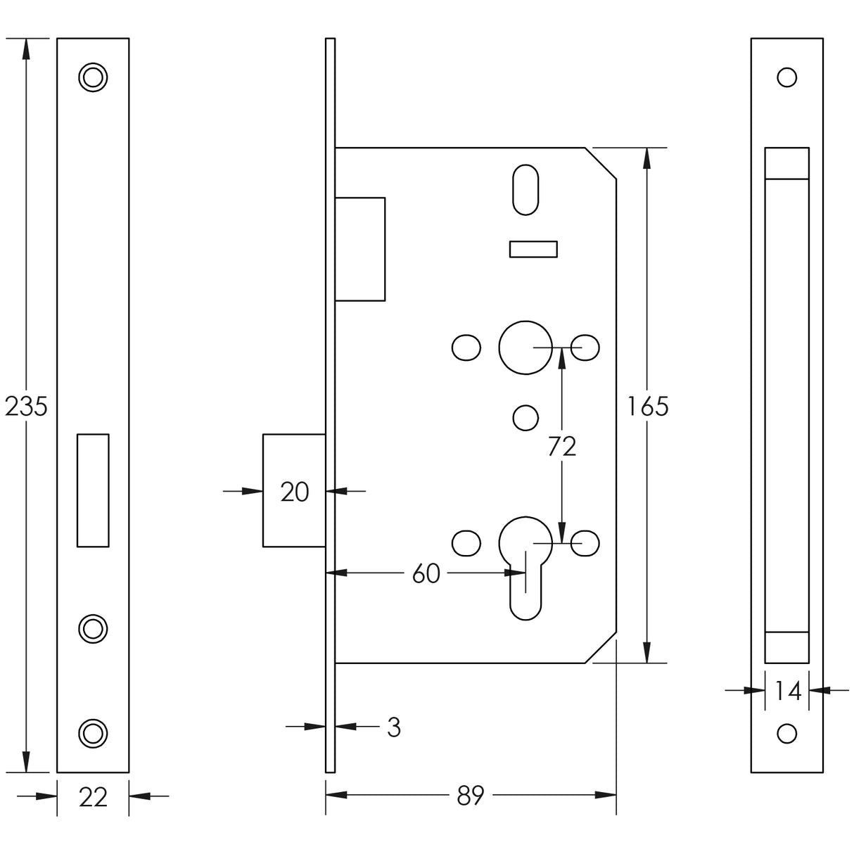 Technical drawing of of Frelan - 72mm Satin Stainless Steel Din Euro Deadlock 60mm Backset Sku. JL-DD60SSS