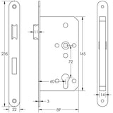 Technical drawing of of Frelan - Jedo 72mm Din Escape Locks 60mm backset Radiused Satin Stainless Steel Sku. JL-DE60RSSS