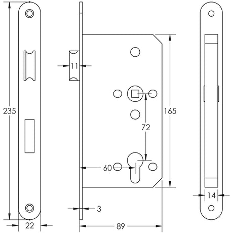 Technical drawing of of Frelan - 72mm Antique Brass Din Euro Escape lock Radiused 60mm Backset Sku. JL-DE60RAB