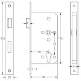 Technical drawing of of Frelan - 72mm Antique Brass Din Euro Escape Lock 60mm Backset Sku. JL-DE60AB
