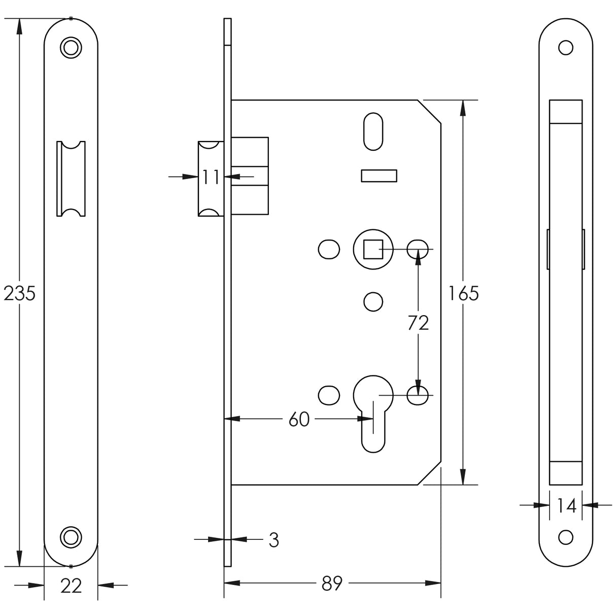 Technical drawing of of Frelan - 72mm Antique Brass Din Euro Latch Radiused 60mm Backset Sku. JL-DL60RAB