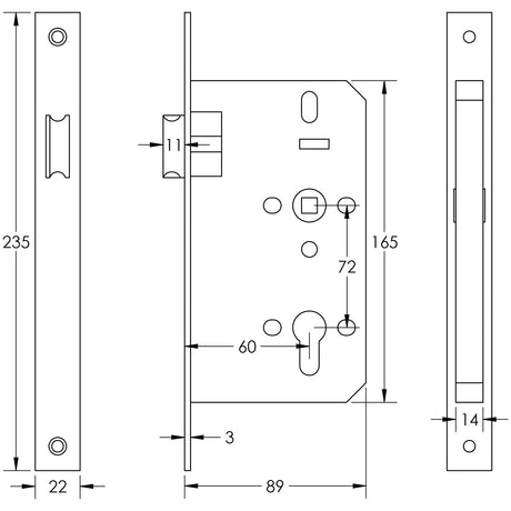Technical drawing of of Frelan - 72mm Black Din Euro Latch 60mm Backset Sku. JL-DL60MB