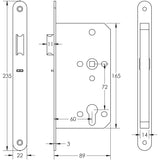 Technical drawing of of Frelan - 72mm Antique Brass Din Euro Nightlatch Radiused 60mm Backset Sku. JL-DNL60RAB