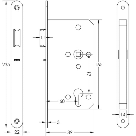 Technical drawing of of Frelan - 72mm Antique Brass Din Euro Nightlatch Radiused 60mm Backset Sku. JL-DNL60RAB