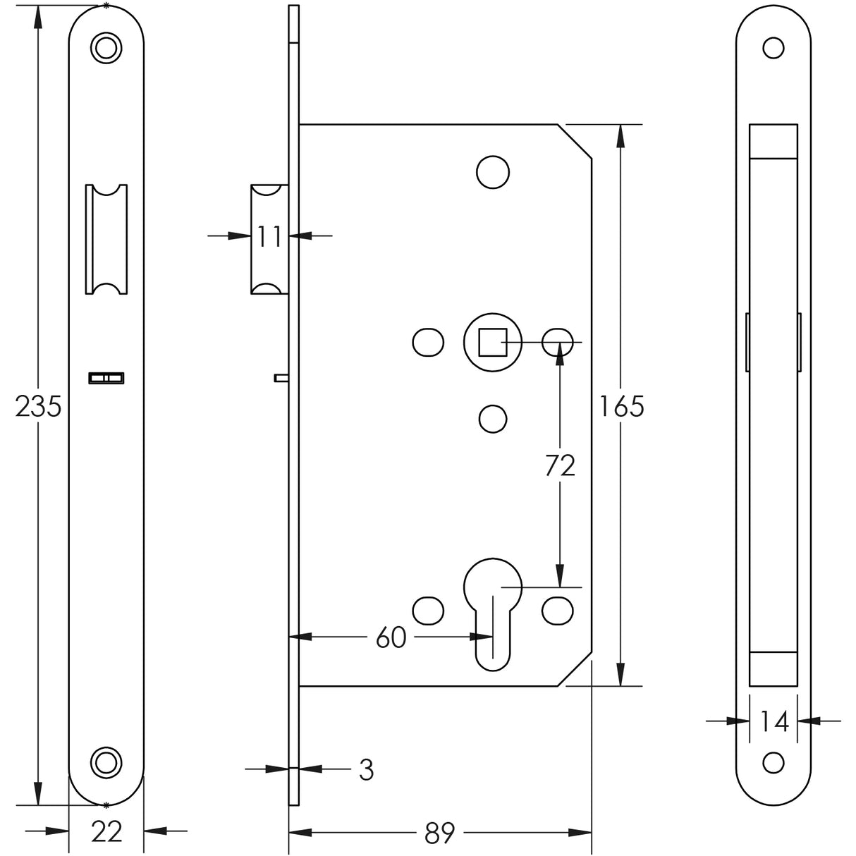 Technical drawing of of Frelan - Architectural 72mm Din Nightlatches 60mm Backset Radiused Satin Stainless Steel Sku. JL-DNL60RSSS