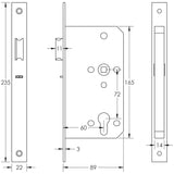 Technical drawing of of Frelan - 72mm Black Din Euro Nightlatch 60mm Backset Sku. JL-DNL60MB