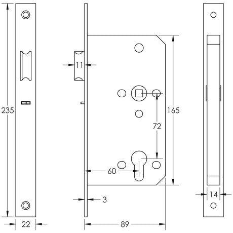 Technical drawing of of Frelan - 72mm Dark Bronze Din Euro Nightlatch 60mm Backset Sku. JL-DNL60DB