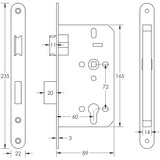 Technical drawing of of Frelan - 72mm Satin Stainless Steel Din Euro Sashlock Radiused 60mm Backset Sku. JL-DS60RSSS