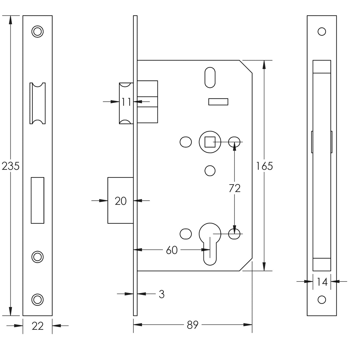 Technical drawing of of Frelan - 72mm Antique Brass Din Euro Sashlock 60mm Backset Sku. JL-DS60AB