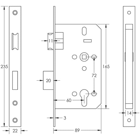 Technical drawing of of Frelan - 72mm Antique Brass Din Euro Sashlock 60mm Backset Sku. JL-DS60AB