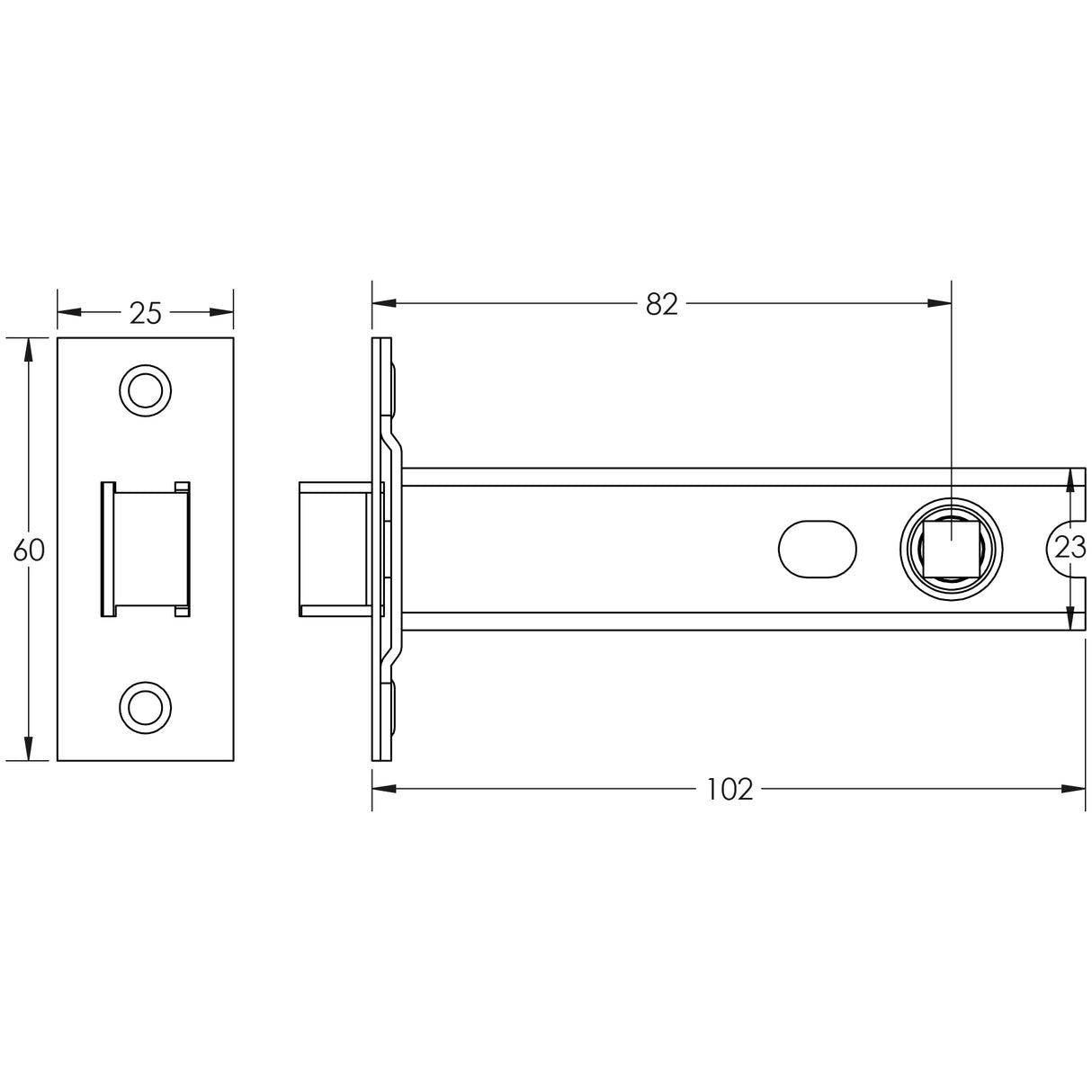 Technical drawing of of Frelan - Jedo Heavy Duty Tubular Latches - 45 Degree Short Travel 102mm Satin Brass Sku. JL-HDT102SB