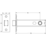 Technical drawing of of Frelan - Jedo Heavy Duty Tubular Latches - 45 Degree Short Travel 102mm Satin Brass Sku. JL-HDT102SB