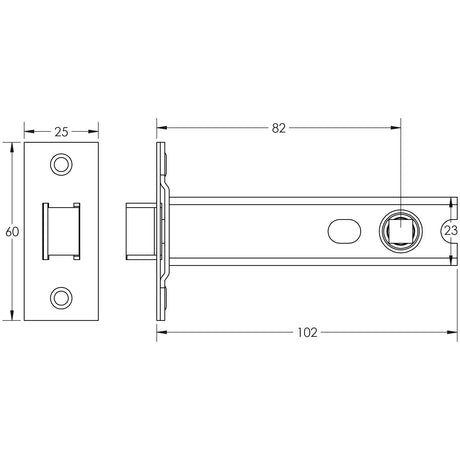 Technical drawing of of Frelan - Jedo Heavy Duty Tubular Latches Bodies only 102mm Sku. JL-HDT102