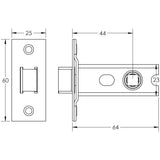 Technical drawing of of Frelan - Jedo Heavy Duty Tubular Latches - 45 Degree Short Travel 64mm Satin Stainless Steel Sku. JL-HDT64SS