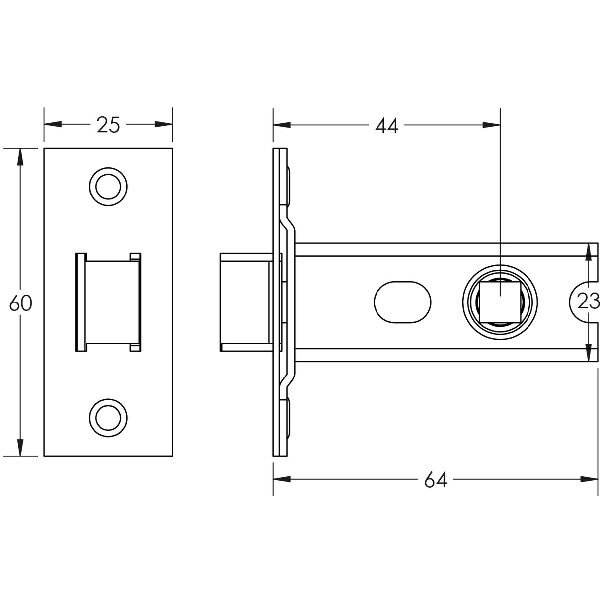 Technical drawing of of Frelan - Jedo Heavy Duty Tubular Latches - 45 Degree Short Travel 64mm Black Sku. JL-HDT64BL