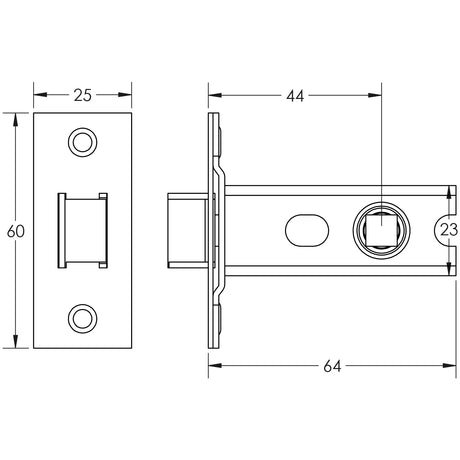 Technical drawing of of Frelan - Jedo Heavy Duty Tubular Latches - 45 Degree Short Travel 64mm Black Sku. JL-HDT64BL