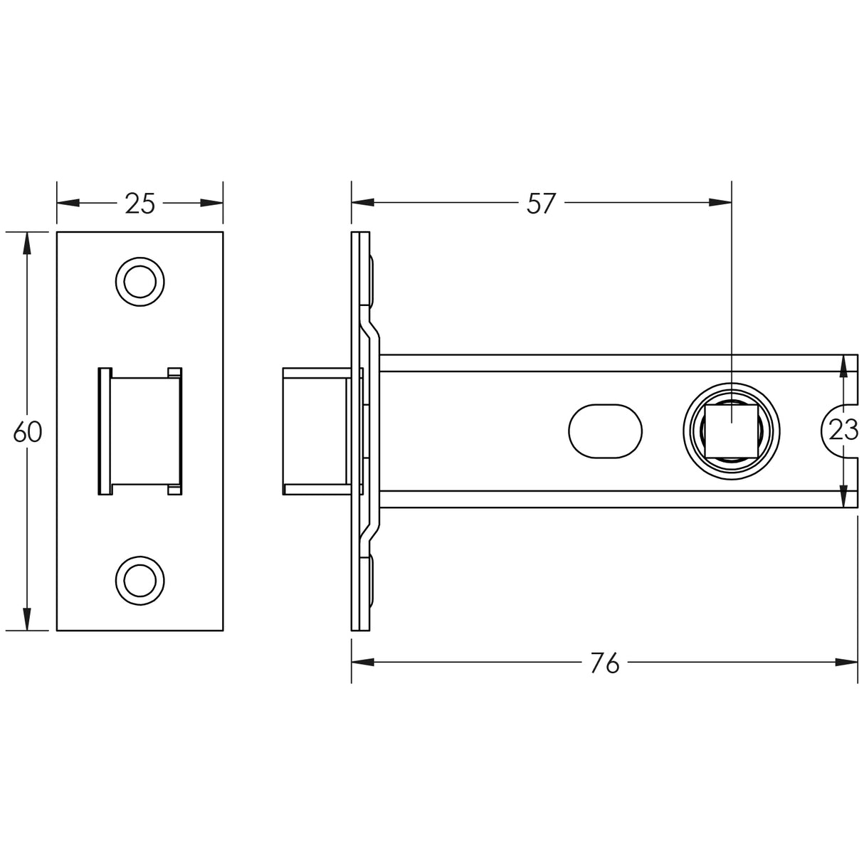 Technical drawing of of Frelan - Jedo Heavy Duty Tubular Latches Bodies only 76mm Sku. JL-HDT76