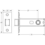 Technical drawing of of Frelan - Jedo Heavy Duty Tubular Latches - 45 Degree Short Travel 76mm Satin Brass Sku. JL-HDT76SB