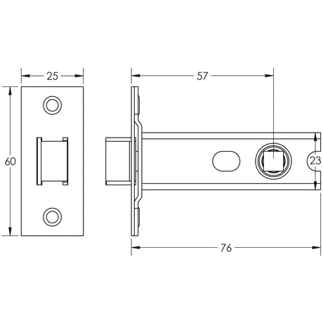 Technical drawing of of Frelan - Jedo Heavy Duty Tubular Latches - 45 Degree Short Travel 76mm Gun Metal Sku. JL-HDT76GM