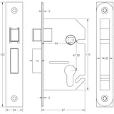 Technical drawing of of Frelan - Jedo Euro Profile Sashlocks 65mm Satin Chrome Sku. JL1050SC