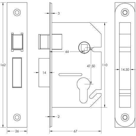 Technical drawing of of Frelan - Jedo Euro Profile Sashlocks 65mm Satin Chrome Sku. JL1050SC