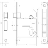 Technical drawing of of Frelan - Jedo Euro Profile Sashlocks 76mm Polished Chrome Sku. JL1051PC