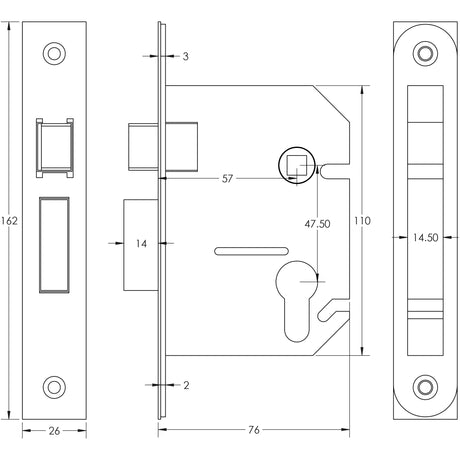 Technical drawing of of Frelan - Jedo Euro Profile Sashlocks 76mm Polished Chrome Sku. JL1051PC