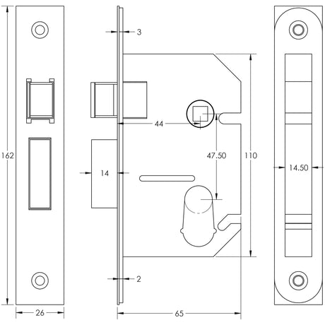 Technical drawing of of Frelan - Jedo Oval Profile Sashlocks 65mm Polished Chrome Sku. JL1052PC