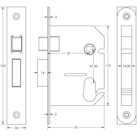 Technical drawing of of Frelan - Jedo Oval Profile Sashlocks 76mm Satin Chrome Sku. JL1053SC